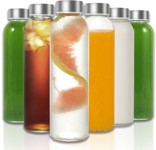 LIMILI Glass Bottles, 6 Pack 500ml with Stainless Steel Lids, Leak Proof Reusable Glass Drinking Bottles for Hot & Cold Drinks, Work, Gym, Home