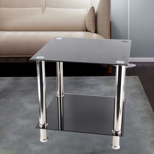 Pssopp Beistelltisch aus schwarzem Glas mit Chrombeinen, Couch-Lampe, Beistelltisch, modern, stilvoll, robust, schwarzer Tisch aus gehärtetem Glas für kleines Wohnzimmer, einfach zu montieren und zu