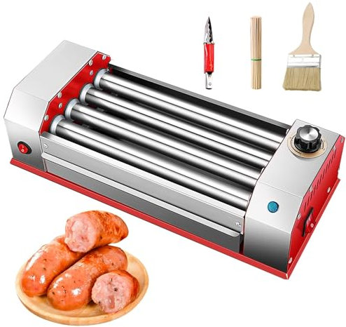 Rouleau à Hot Dog, 4 Rouleaux 8 Hot Dogs Capacité 600 W 304 Machine De Cuisson à Saucisse En Acier Inoxydable Avec Bouton De Commande 0-250 ℃ Grilles De Contact électriques Automatiques Carter D'huile