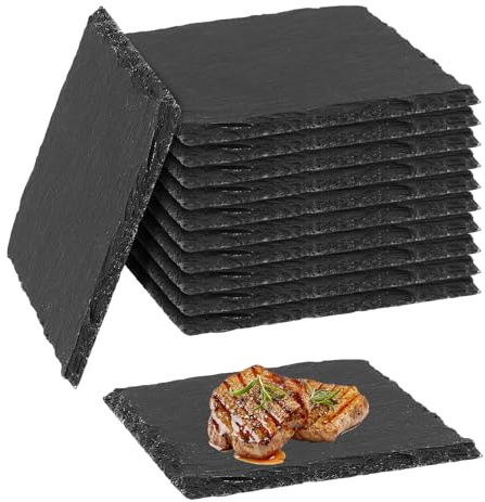 FUNSUEI Schiefer Untersetzer 12er Set, 10 x 10 cm Untersetzer Schiefer Eckig Getränkeuntersetzer, Schieferplatte Quadratisch Glasuntersetzer für Getränke, Tassen, Bar, Glas