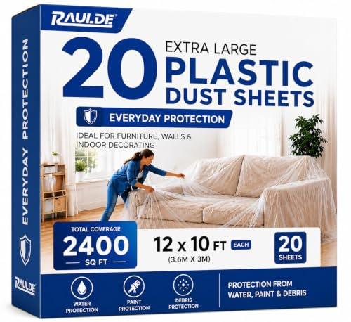 RAULDE Paquete de 20 láminas grandes de plástico para decoración y pintura, 3,6 m x 3 m, láminas de polietileno para protección de muebles y suelos, tela impermeable y resistente al desgarro