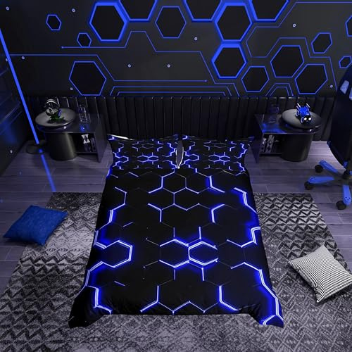 Loussiesd Juego de ropa de cama con diseño geométrico de panal de abeja para niños, funda de edredón geométrica de microfibra suave, color azul y negro, con cremallera y 2 fundas de almohada