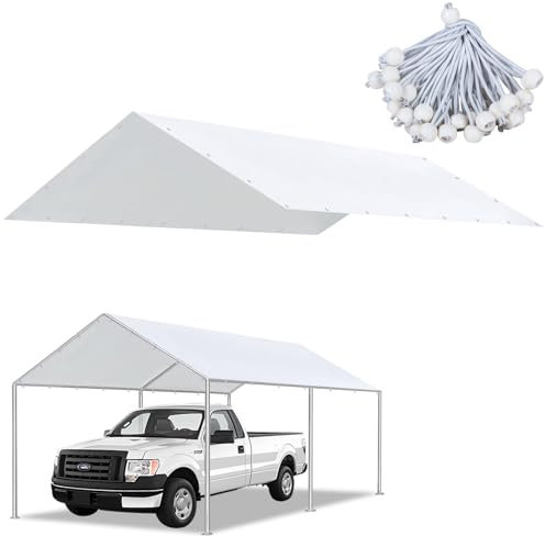 Bluyard 10 x 20 Ft Carport Replacement Canopy Cover Garage Top Tent Shelter with 40 Ball Bungee Cords Heavy Duty Waterproof UV & Tear Resistant, Easy Assembly, White (Only Cover, Frame Not Include)