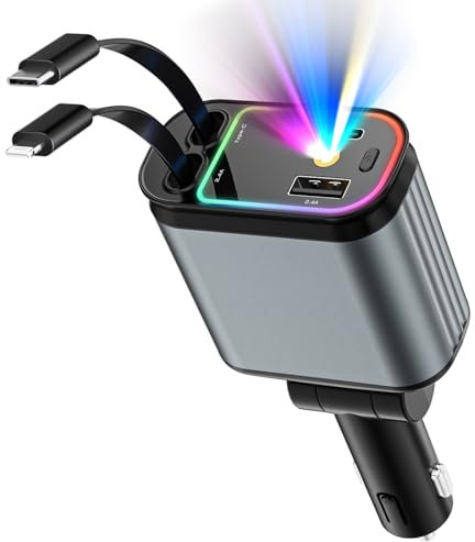 Ofottofo Retrattile Caricatore Auto Accendisigari, Caricatore da Auto USB C Veloce 66W per Telefono, Doppio Cavo e 2 Porte Compatibile con iPhone, Google Pixel, Samsung Galaxy, con Due Modalità Luce