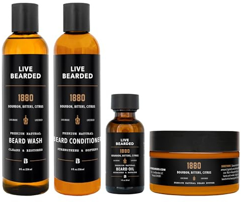 Live Bearded Complete Beard Grooming Kit - Wash, Conditioner, Butter and Oil - Made in the USA with All-Natural Ingredients - Mens Groom Set | 1880 Scent - Bourbon, Bitters, Citrus