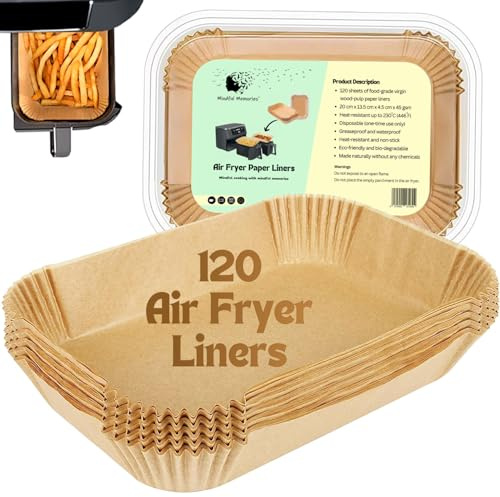 Mindful Memories Air Fryer Liners 120 pcs (7.9 x 5.3 x 1.8 inch) (20 x 13.5 x 4.5 cm) for Ninja Air Fryer – Non-Stick Disposable Paper Liners Compatible with Most Dual Zone Air Fryers Accessories