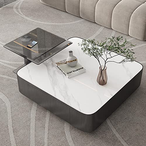 ZWDCVFGK Quadratisches, modernes 2er-Set Couchtisch, minimalistischer Beistelltisch mit Schubladen, Akzent aus Kunstmarmor für das Wohnzimmer,A,90CM