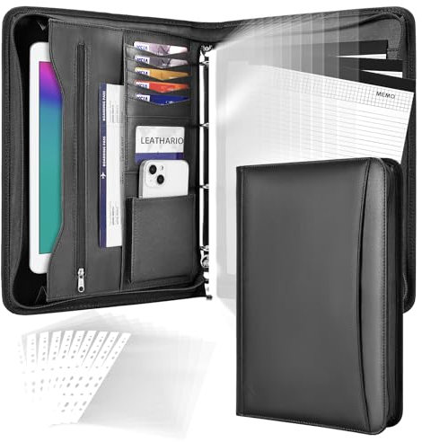 Leathario Schreibmappe A4 mit 10er Dokumentenhüllen und 3er Schreibblock-Set，Konferenzmappe mit 4 Ringbuch，Dokumentenmappe mit Reißverschluss,Ordner für Meeting, Business,Mappe für Geschäftsreisen