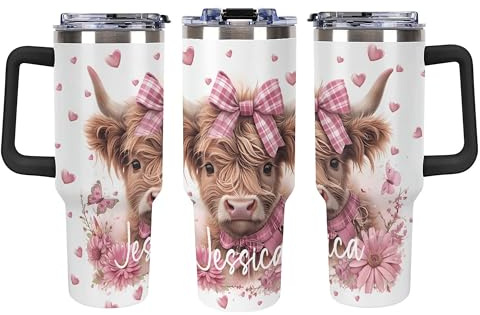 Zxyhomex Personalised Cute Pink Cow Print Tumbler 40 oz with Handle Straw Lid, Heifer 40oz Vacuum Insulated Coffee Mug, Highland Cow Birthday Gifts