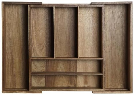 RusticHome Bandeja Para Cubiertos Extensible de Acacia Natural/Organizador de Cubierto de Acacia Natural/Organizador de Cubertería/Tabla Para Guardar Cubiertos Acacia Natural 35cm x 30cm x 7cm