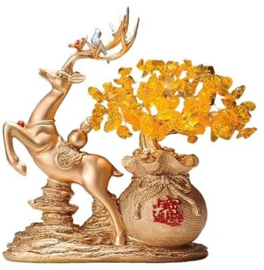zhangrui1888 Crystal Tree Home Fortune Deer Ornament, Citrine Money Tree, Living Room Entryway Wine Cooler Decorations Bonsai Tree(Gold)