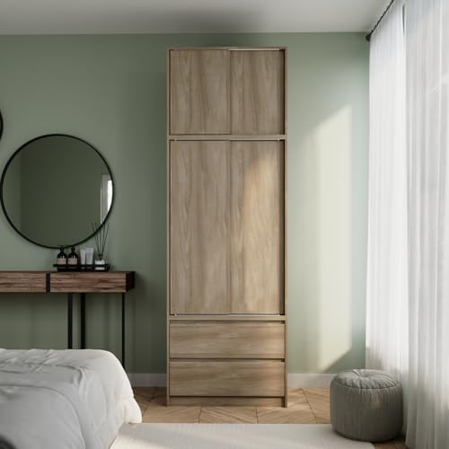 URBNLIVING 240cm Extra Tall 2 Door Sliding Wardrobe for Bedroom, Modern Freestanding Storage Cupboard with Hanging Rail, Customisable Design, Ideal for Clothes, Accessories & More