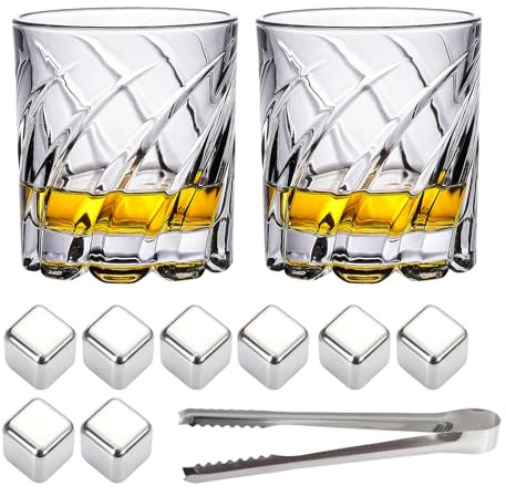 BSDLZCH Whiskey-Set 250 ml mit 2 Gläsern & 8 Edelstahl-Eiswürfeln | Drehbare Karaffe & dickbodige Gläser, inkl. 8 Edelstahl-Eiswürfel – Edles Whiskey-Geschenk für Männer, Papa & Bruder