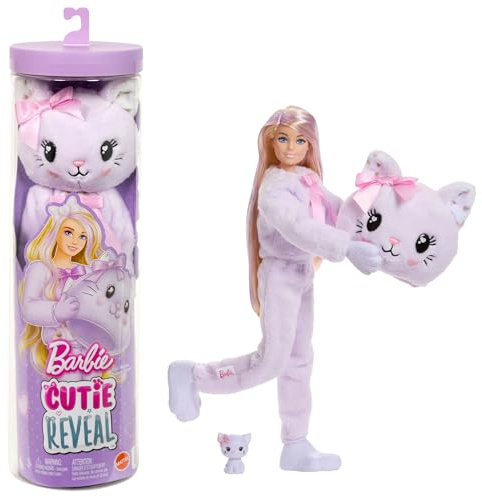 Barbie Cutie Reveal docka och tillbehör, gosig kattunge | med 10 överraskningar inklusive färgskifte och minihusdjur, JJP64