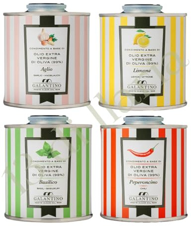 4 Latas de Aceite de Oliva Virgen Extra Natural 100ml | 99% EVOO de Apulia | Ajo, Limón, Albahaca y Chile | Condimento Gourmet Italiano Artesanal | 100% Natural