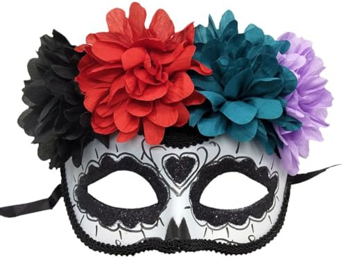 Muteitt Masque du Jour des Morts, Masque De Mascarade d'halloween, Masque Mexicain À Fleurs Crâne pour Femmes Hommes, Masques De Costume, Demi-Masque De Mardi Gras