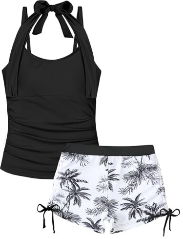 Girls Swimming Costume Padded Bras 7-15 Years, Two Piece Drawstring Halterneck Girls Tankini Swimsuit with Boy Shorts Kids Bathing Suit
