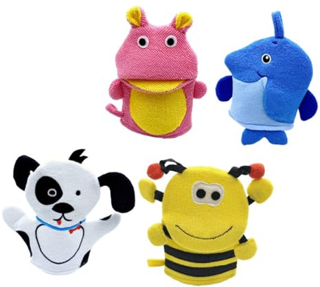 CVUTOVO 4 Stück-pack Kinderwaschlappen mit Cartoon Tiermotiven Leichte Zusammengesetzte Baumwolle Einzigartiges Design für Dusche und Bad
