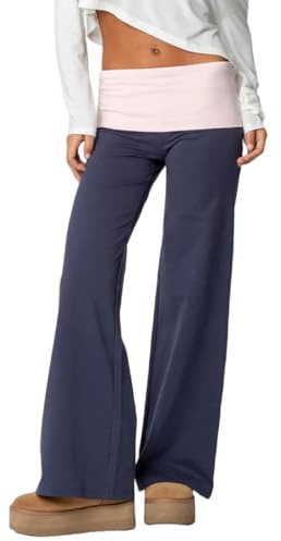 QLQLWDD Women Fold Over Leggings Yoga Pants Y2k Low Rise Stretchy Lounge Sweatpants Workout Athletic Vintage Bottoms (b Blue, S)