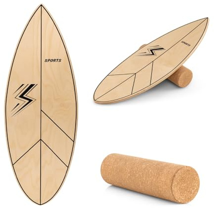 SPOTRAVEL Wooden Balance Board, Yoga Fitness Trainer | with Roller, Surfing Skate Balancing Trainer Wobble Board for All Training Level, Improves Core Stability and Balance