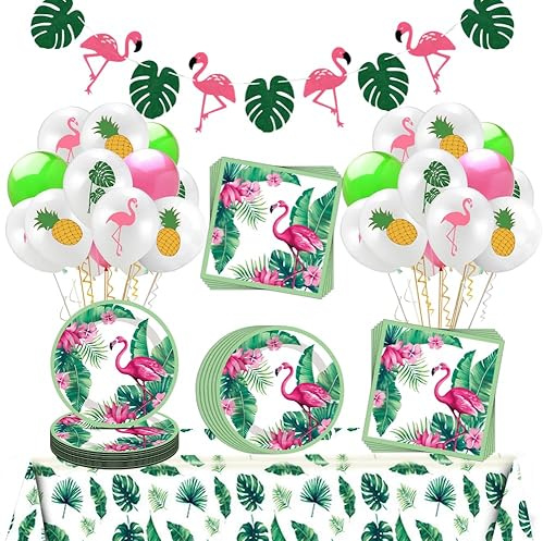 Ezydka Flamingo Deko Geburtstag Partygeschirr Set Hawaii Party Deko | Flamingo Deko Party mit Pappteller Servietten Tischdecke Luftballons, Banner für Tropische Sommer, Strandparty, Beachparty