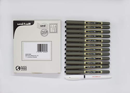 uni-ball Eye Fine, Black Ballpoint Pen, 0.7 mm Rollerball Tip, Dries Instantly (Pack of 12 & 1 Exclusive Gel Pen)