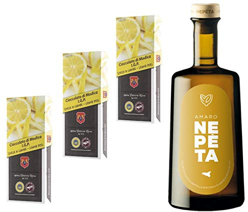 Sicilia Bedda - AMARO NEPETA infuso di Nepitella BIO e Limoni di Siracusa IGP ML.500 + 3 Cioccolata di Modica IGP con Scorze di Limone - Idea Regalo