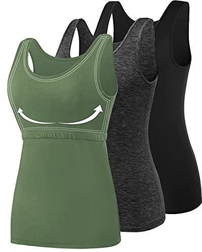 AMVELOP Tank Tops for Women Built in Bra Cotton Shelf Bra Tanks Layering Undershirts 2-3 Pack Black Darkgray Amygreen L