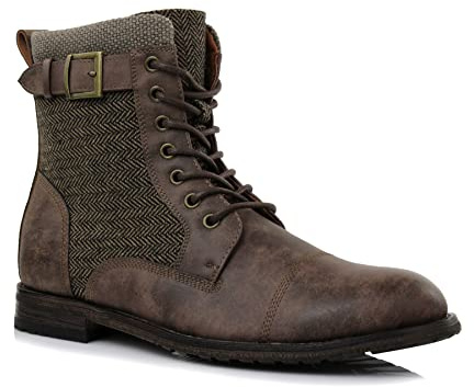 Polar Fox Elijah Men's Dress Combat Boot | Stylish Cap-Toe Ankle Boot with Herringbone Tweed Panel, Side Zipper, and Buckle Strap | MFA808566 | in Chestnut Brown & Herringbone, Size 12