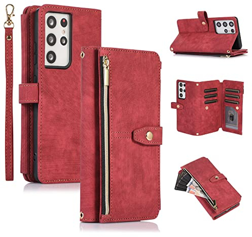 UEEBAI Étui pour Samsung Galaxy S21 Ultra 5G, Portefeuille Cuir PU Rétro Rabat Antichoc Housse avec Dragonne Fentes Cartes Fonction Support Fermeture Magnétique - Vintage Rouge | Étui portefeuille à rabat en cuir avec 9 compartiments pour cartes, dragonne, support, fermeture éclair, fermeture magnétique