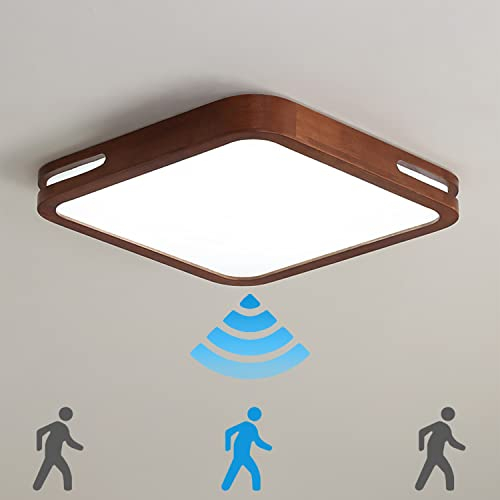 18W LED Deckenlampe mit Bewegungsmelder Innen Holz Deckenleuchte Einstellbar Sensorleuchte Modern Kaltweiß Deckenbeleuchtung Quadrat Sensorlampe für Flur, Treppe, Veranda, Balkon