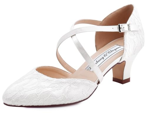 Duosheng & Elegant Geschlossene Zehen HC1920 Kreuz Bände Brautschuhe Schnalle für Damen Absatz Hochzeit Braut Spitze Schuhe mit Lace Ivory Gr. 39