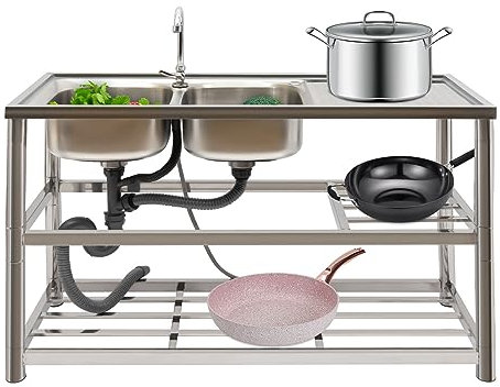 Lavello da cucina in acciaio inox, con 2 vaschette doppie, per ristorante commerciale, set di lavandino da esterno, doppio ripiano 120 x 45 x 80 cm