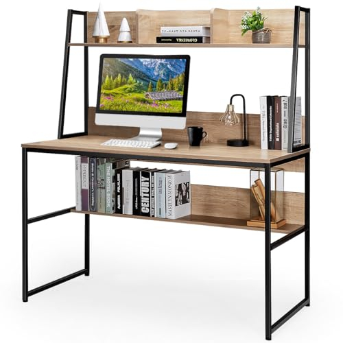 LIFEZEAL Scrivania con appoggio, scrivania per computer con ripiani, tavolo da lavoro multifunzione con libreria, tavoli da ufficio in legno, per studio e camera da letto, 120 x 57 x 140 cm (naturale)