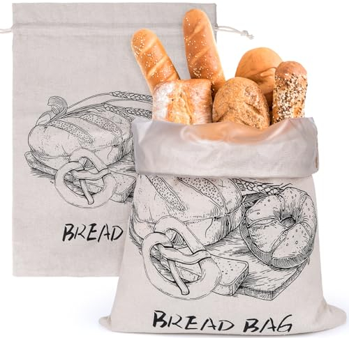 Musiwanna Sacchetti per pane fatti in casa, foderati in plastica, per pane fatto in casa, confezione da 2, 43 x 33 cm, con fodera in plastica per mantenere fresco, contenitore per pane e panini fatti