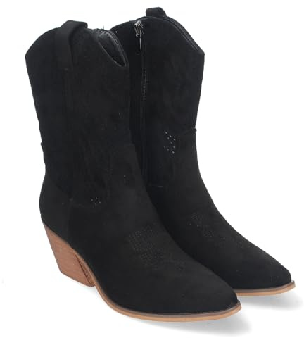 83946 Botin de Tacon Campero para Mujer, Estilo Vaquero, Elegantes, con Bordados en Pala y Cana, Punta Afilada y Practico Cierre Lateral de Cremallera. Negro Talla 40