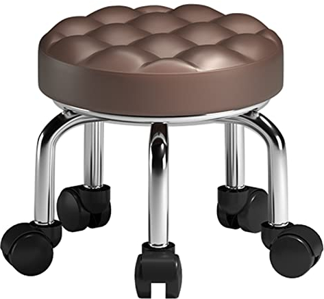 GYQIZIO Drehbarer Rollhocker, runder niedriger Hocker mit 5 Rädern, PU-Sitz, Rahmen aus Kohlenstoffstahl, für den Eingangswechsel von Schuhen und Hausarbeit, Wischen des Bodens (Farbe: Braun)