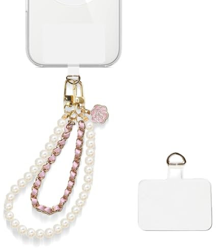 Mezrkuwr Handy-Armband, weiße Perlen, Leder, Doppelkette, Handy-Charm, freihändiges Armband, Handy-Kette Abnehmbares Handy-Lanyard Schlüsselband für Damen (Rosa)