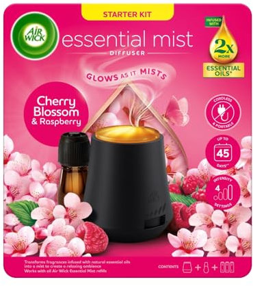 Air Wick Cherry Blossom & Raspberry Essential Mist Kit 20ml, Lasting for up to 45 days per refill, Air Freshener