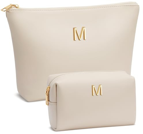 CLOUDWINGS Gifts for Women Girls Personalized Initial Travel Makeup Bag | Bridesmaid Gifts,Gifts for Friend Mom Teacher Graduation, PU Leather Waterproof Cosmetic Toiletry Bag,Beige-M