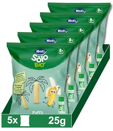 Hero Solo Bio, Snack Infantil Ecológico, Puffs de Maíz Avena y Plátano, Sin Aditivos Ni Sal Añadida, Apto Desde 8 Meses, 25g x 5uds