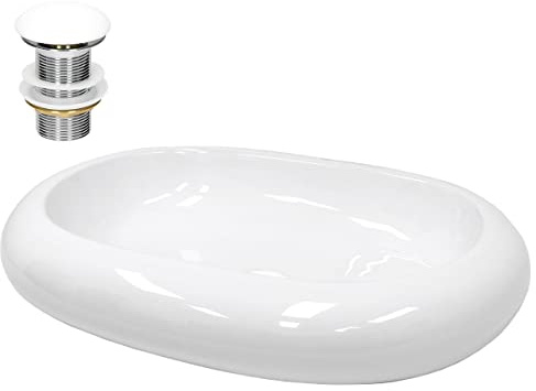 LuxeBath Waschbecken Keramik 630x420x120 mm oval Weiß mit Ablaufgarnitur Weiß, Kieselstein Form, Aufsatzwaschbecken für Badezimmer/Gäste-WC, Modernes Aufsatzbecken, Waschtisch Waschschale Waschplatz