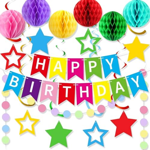 CharmeFleur Happy Birthday Banner, decorazione di compleanno arcobaleno con 6 sfere a nido d'ape, 8 girandole a stella e ghirlanda a punti, decorazione di compleanno