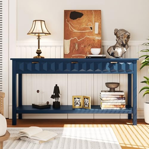 Knocbel Entryway Console Table with 3 Drawers and Bottom Shelf, Modern Sofa End Tables with Sturdy Long Legs and Fir Veneer for Living Room Hallway, 15.7 D x 60 W x 31.2 H Navy Blue
