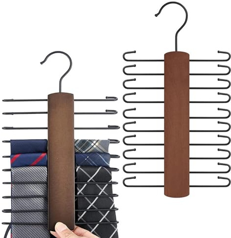 Dulynva 2 Piezas Corbatero Percha Colgador de Corbatas de Madera con 20 Barras Organizador Cinturones 360 Grados Percha de Armario para Corbatas Bufandas Cinturones