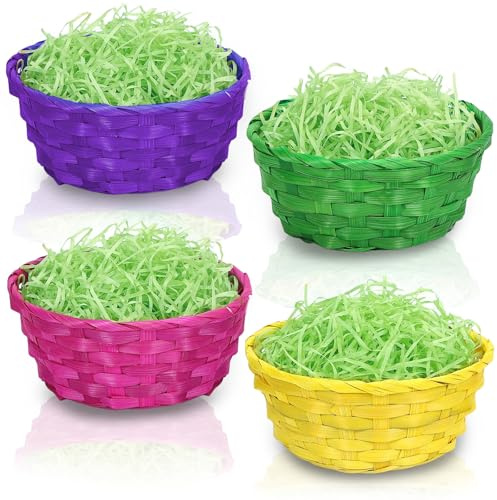 shallyong 4 Piezas Cesta de Pascua, Coloridas Cestas de Mimbre con 100g Hierba Decorativa, Nidos de Pascua Cestería para Niños Huevos de Pascua Decoración
