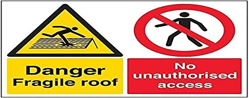 V Safety Danger, Fragile Roof. No Unauthorised Access Sign - Landscape - 400mm x 300mm - Self Adhesive Vinyl Black/Red/Yellow