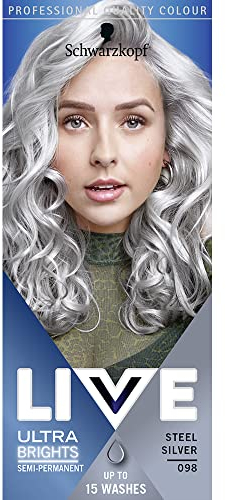 Schwarzkopf LIVE Ultra Brights Or Pastels, Vibrant Semi-permanent Silver Hair Dye, Lasts Up to 15 Washes- Steel Silver 098