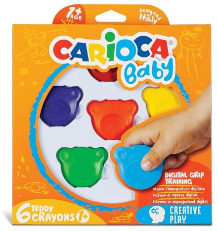 CARIOCA Pastelli Baby Teddy Crayons, Scatola di 6 Pastelli Colorati a Forma di Orsetto, Pastelli Per Bambini dai 12 Mesi, 6 Pezzi
