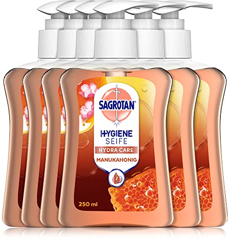 Sagrotan Handseife Manuka Honig – Feuchtigkeitsspendend und stark gegen Bakterien – 6 x 250 ml Handseife